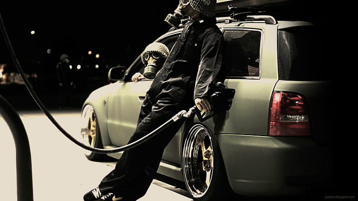 Anonymous, gas masks, gas stations, lowered, tuning, German cars, HD wallpaper