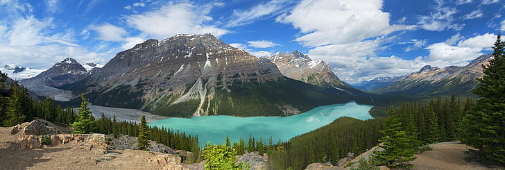 fotografia, przyroda, krajobraz, panorama, jezioro, góry, turkus, woda, las, chmury, dolina, Park Narodowy Banff, Alberta, Kanada, Tapety HD