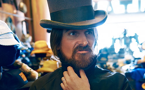 Sombrero de copa negro y gris para hombres, Christian Bale, actor, sombrero, barba, Fondo de pantalla HD HD wallpaper