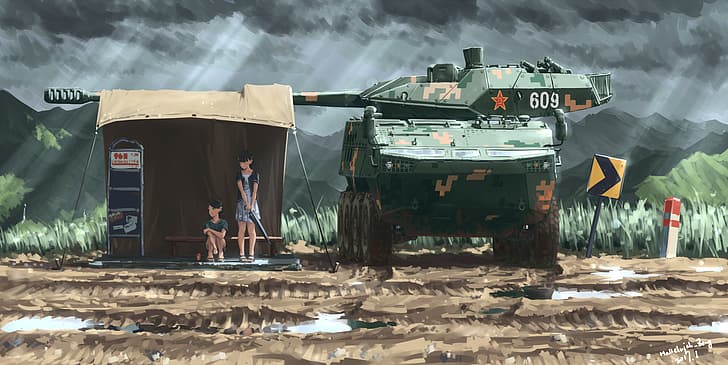 militares, Exército Chinês, chuva, Meninas anime, luz solar, ponto de ônibus, Veículo militar, barraca, HD papel de parede