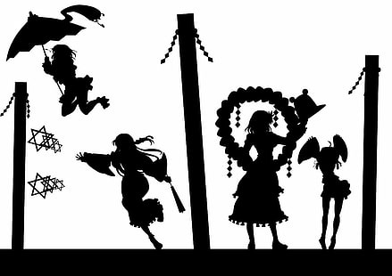 anime, background, black, games, girls, goddess, kanako, kochiya, kogasa, miko, moriya, sanae, silhouettes, simple, suwako, tatara, touhou, umbrellas, video, white, yasaka, HD wallpaper HD wallpaper