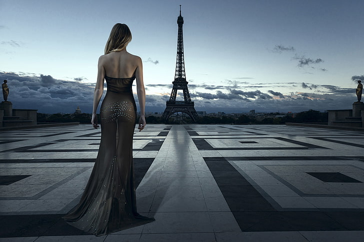 szara damska sukienka bodycon bez ramiączek, miasto, dziewczyna, Paryż, sukienka, styl, Francja, wieczorowa, modelka, blondynka, wieża Eiffla, elegancka, suknia wieczorowa, Tapety HD