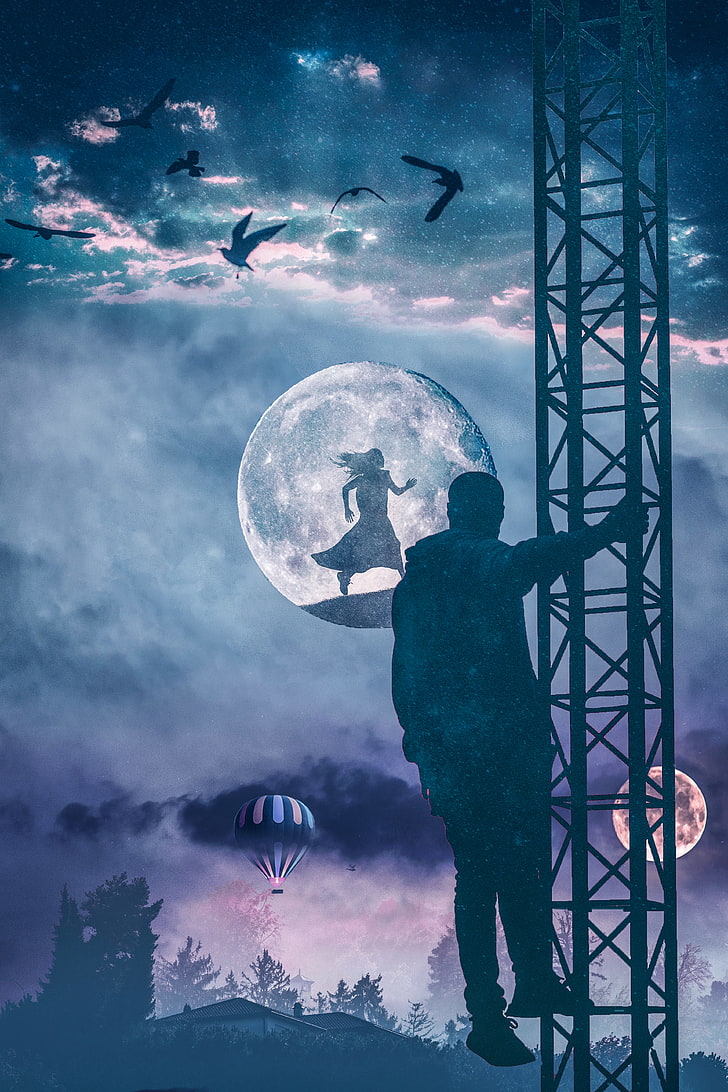 Doppelbelichtung, 4 K, Nacht, Traumfrau, Mond, Mann, Sternenhimmel, HD-Hintergrundbild, Handy-Hintergrundbild