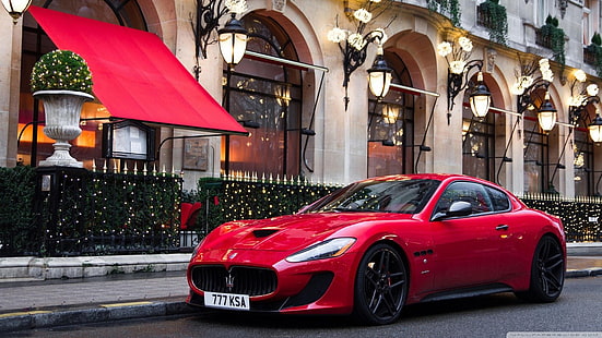 czerwone coupe, Maserati, Maserati GranTurismo, MC Stradale, czerwone samochody, światła uliczne, Tapety HD HD wallpaper