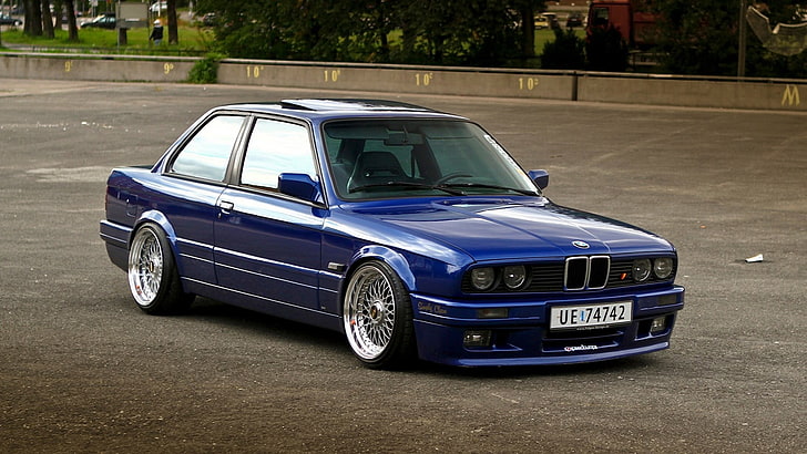 синьо BMW купе, BMW, Stance, BMW E30, BBS, сини автомобили, превозно средство, HD тапет