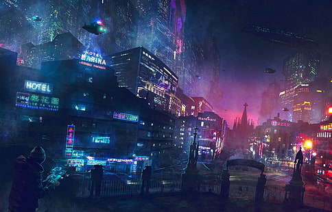 futuristische Tapete, Stadt, Science Fiction, Cyberpunk, Neon, Luftkissenfahrzeug, Kathedrale, Hotel, Polizei, HD-Hintergrundbild HD wallpaper