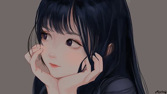 Anime-Mädchen, schwarze Haare, lange Haare, lila Augen, süßes kleines Mädchen, HD-Hintergrundbild HD wallpaper