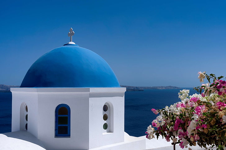 architecture, blue, caldera, church, dome, famous, greece, holiday, island, landmark, mediterranean, santorini, sky, tourist, travel, vacation, white, HD wallpaper
