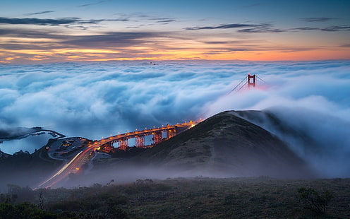 アメリカ、雲、橋、ゴールデンゲートブリッジ、サンフランシスコ、 HDデスクトップの壁紙 HD wallpaper
