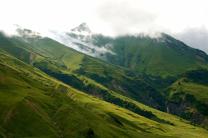 снимка на високопланинско поле с мъгли, кавказки, пейзажи, снимка, планини, поле, мъгли, грузинска военна магистрала, Закавказие, Кавказ, Кавказ, пейзаж, зелено, планина, природа, живопис, на открито, ливада, хълм, лято, трева, HD тапет