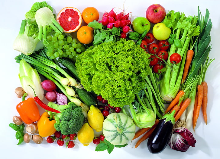 Flachlage Fotografie von Obst und Gemüse, Gemüse, viele, Vielfalt, HD-Hintergrundbild