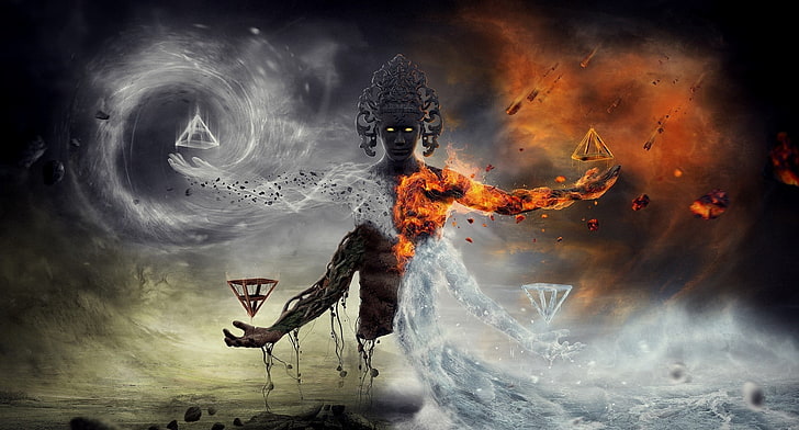 Feuer, Erde, Wasser und Wind biegen digitale Tapete, Fantasiekunst, Grafik, vier Elemente, HD-Hintergrundbild