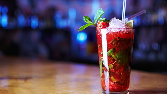 cocktails, mojitos, strawberry, ice, mint, HD wallpaper HD wallpaper