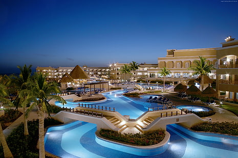 palmiers, vacances, meilleurs hôtels de 2017, station balnéaire, Grand Velas Riviera Maya, voyage, tourisme, piscine, Fond d'écran HD HD wallpaper