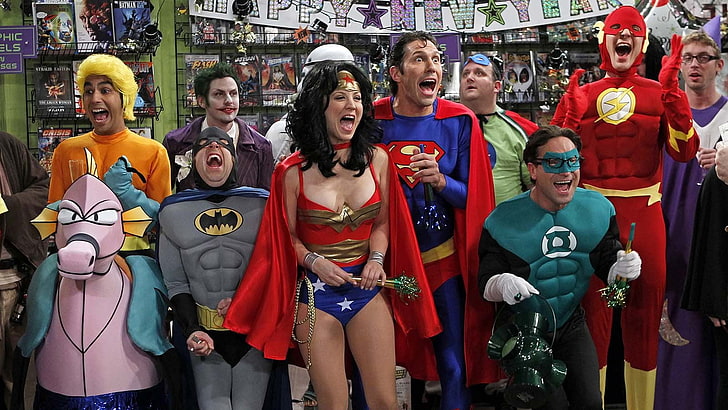 The Big Bang Theory, Sheldon Cooper, disfraces, Raj Koothrappali, Leonard Hofstadter, Howard Wolowitz, Penny, Kaley Cuoco, TV, Fondo de pantalla HD
