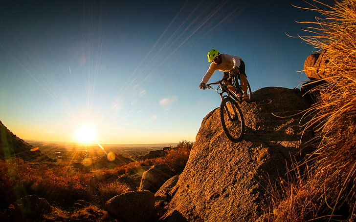 men's white long-sleeved shirt, man, mountain bike, cyclist, HD wallpaper