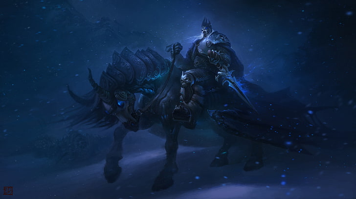человек верхом на лошади цифровые обои, артас, лошадь, World of Warcraft, HD обои