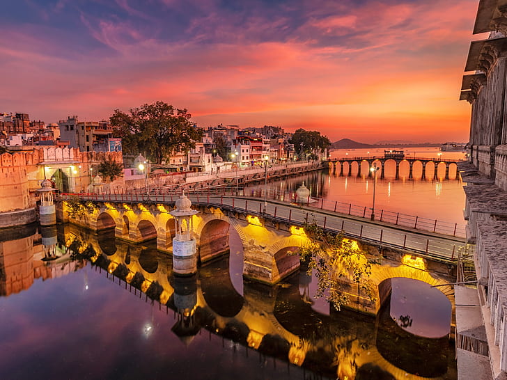 the sky, sunset, lights, river, home, the evening, India, glow, bridges, Udaipur, HD wallpaper