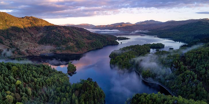 forest, mountains, lake, Scotland, panorama, The Grampian mountains, Loch Katrine, National Park Loch Lomond and the Trossachs, Grampian Mountains, Loch Lomond and The Trossachs National Park, HD wallpaper