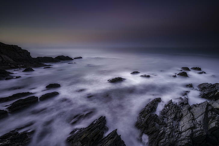 rocky shore time lapse photo, Aymer, Cove, rocky shore, time lapse, photo, andi, com, campbell, jones, coast, lee filters, long exposure, manfrotto, nature, sea, sunset, rock - Object, landscape, coastline, scenics, outdoors, dusk, HD wallpaper