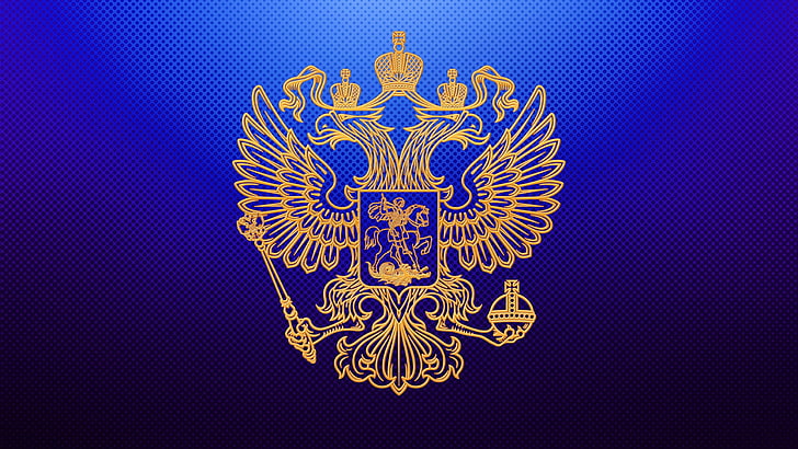 brown eagle illustration, blue, background, gold, Wallpaper, eagle, wings, crown, Horse, claws, snakes, coat of arms, Russia, spear, the state, scepter, 2560x1440, embossed, double-headed, the coat of arms of Russia, scumbria, George, Pobedonosets, HD wallpaper