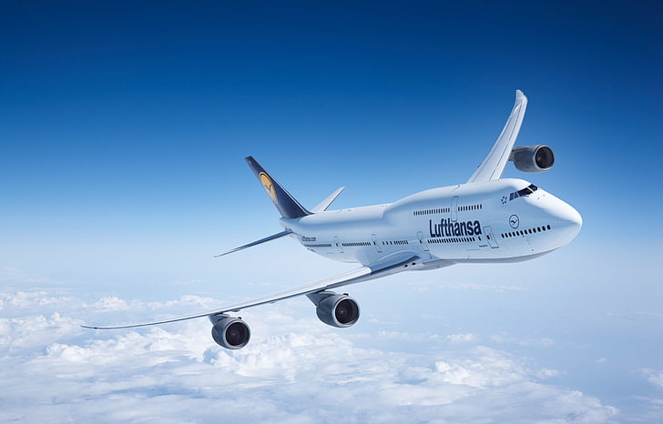 avião branco, nuvens, o avião, voo, boeing, 747, lufthansa, no ar, moscas, avião comercial, HD papel de parede