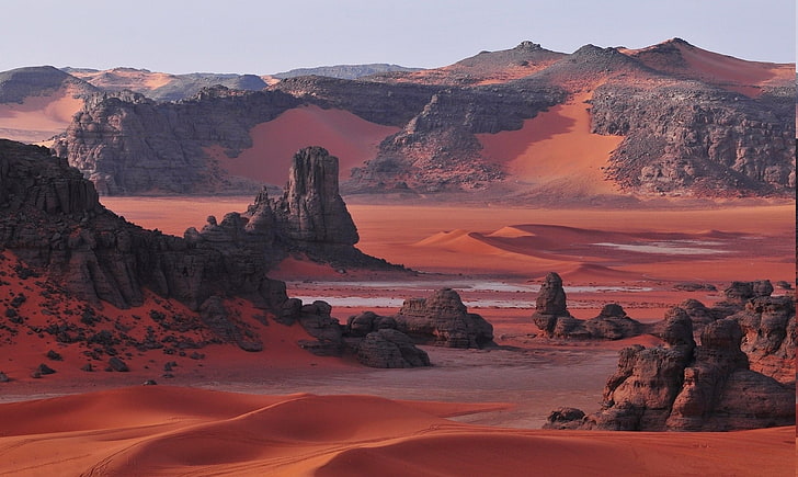 Алжир, пустиня, дюна, пейзаж, планина, природа, червен, скала, Сахара, жени, жени на открито, HD тапет