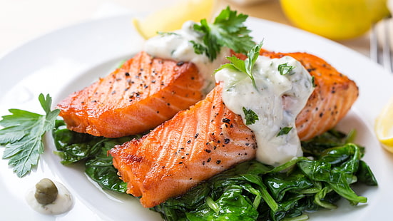assiette en céramique blanche ovale, nourriture, poisson, saumon, saumon grillé, Fond d'écran HD HD wallpaper