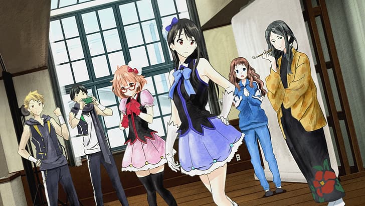 Kyoukai no Kanata, chicas anime, cabello rosa, ropa de gimnasia, gafas, Idol, chicos anime, Fondo de pantalla HD