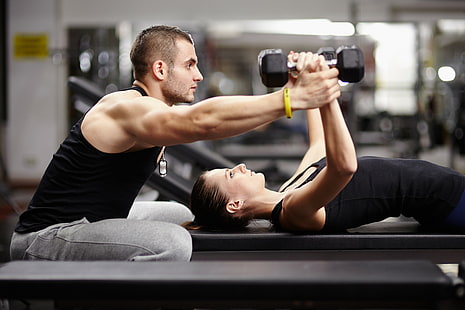 Fysisk aktivitet, gym, kvinna och man träna, gym, personlig tränare, fysisk aktivitet, HD tapet HD wallpaper