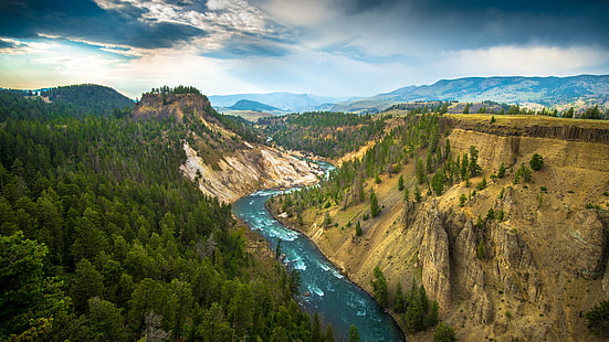 Yellowstone Landscape, 4k, 5k wallpaper, USA, แม่น้ำ, การเดินทาง, การท่องเที่ยว, วอลล์เปเปอร์ HD HD wallpaper