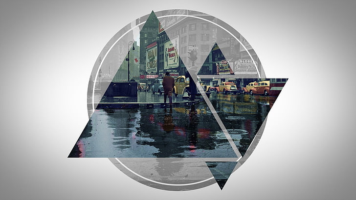 Männer brauner Mantel, abstrakt, Dreieck, Kreis, Stadt, Stadt-, Regen, Straße, Jahrgang, Auto, HD-Hintergrundbild