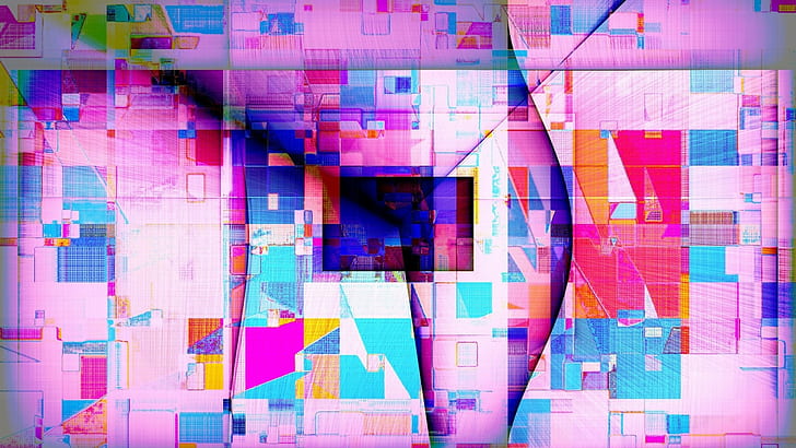 sztuka cyfrowa, abstrakcja, geometria, kolorowe, prostokąt, trójkąt, kwadrat, linie, różowy, Tapety HD