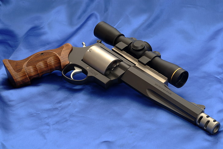 серый и коричневый револьверный пистолет с прицелом, пистолет, револьвер, прицелы, HD обои