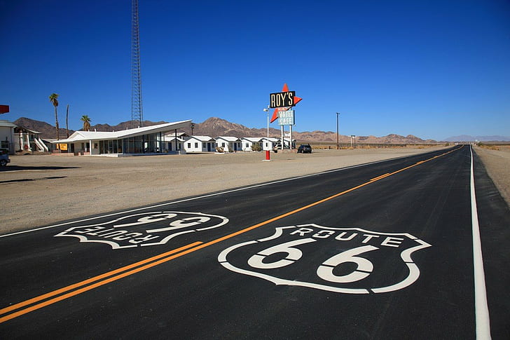 kalifornia, pustynia, autostrada, motel, restauracja, ulica, Route 66, piasek, USA, Tapety HD