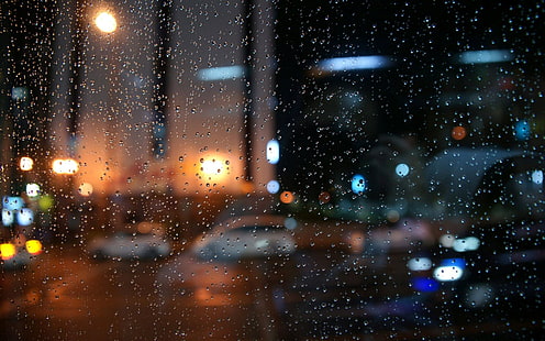 finestra di vetro trasparente, messa a fuoco selettiva fotografia di rugiada dell'acqua sulla cornice di vetro, pioggia, acqua su vetro, bokeh, Sfondo HD HD wallpaper