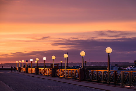 view of lighted lampposts and orange twilight sky, Bridge, dusk, HFF, view, lampposts, orange, twilight, sky, Helsingborg, fence, lamp, lampa, staket, sunset, exif, model, canon eos, 760d, geo, country, camera, iso_speed, focal_length, 70 mm, aperture, ƒ / 5, geo:location, lens, ef, s18, f/3.5, state, city, canon, sea, outdoors, HD wallpaper HD wallpaper