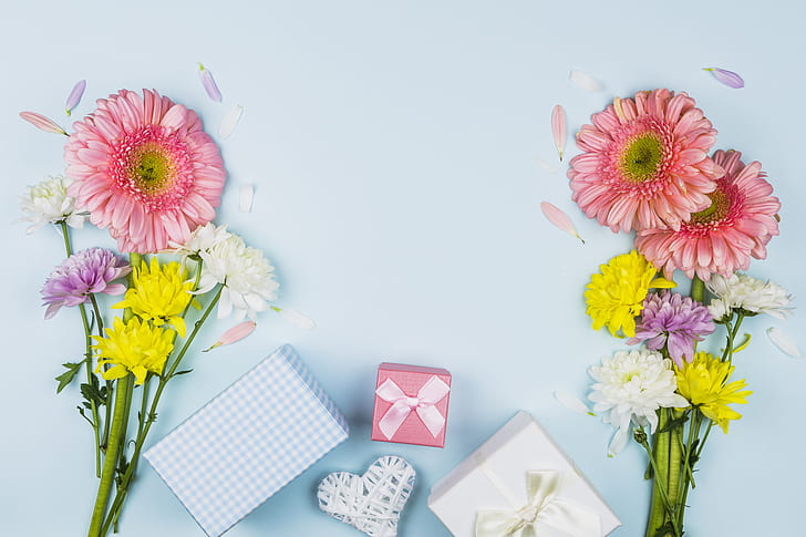 زهور ، هدايا ، قلب ، تهنئة ، باقات ، عيد الأم، خلفية HD