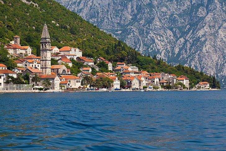 trees, mountains, rocks, shore, home, boats, Bay, Sunny, Montenegro, Kotor, Perast, HD wallpaper