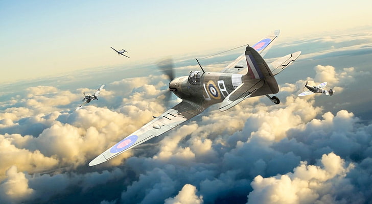 fighter plane video game wallpaper, Battle of Britain, Supermarine Spitfire, Messerschmitt Bf 109, Tallyho, dogfight, illustration, HD wallpaper