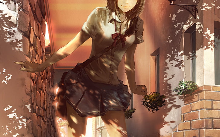 illustration de personnage anime aux cheveux bruns, écolière, uniforme scolaire, filles de l'anime, Fond d'écran HD