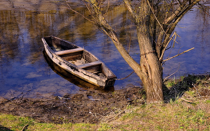 river, boat, trees, chains, reflection, water, HD wallpaper