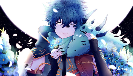 male and blue animal anime character 3D wallpaper, Anime boy, Dragon, Blue, Flowers, 4K, HD wallpaper HD wallpaper