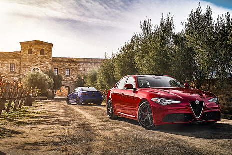 Alfa Romeo, Alfa Romeo Giulia, blå bil, bil, lyxbil, röd bil, fordon, HD tapet HD wallpaper