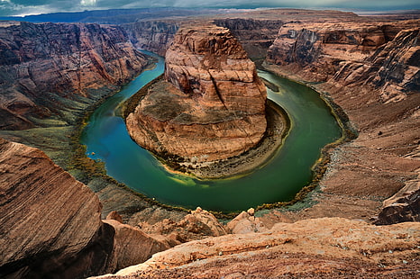 bird eye view of brown mountain in the center of body water during day time, Whole, bird eye, view, brown mountain, center, body water, day, time, Nikon  D700, 35mm, f/2, 8D, Horseshoe Bend  Arizona, Colorado  river, arizona, colorado River, nature, canyon, uSA, landscape, desert, scenics, grand Canyon National Park, southwest USA, river, grand Canyon, page - Arizona, rock - Object, HD wallpaper HD wallpaper