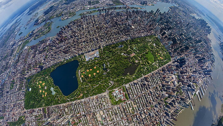 widok z lotu ptaka na Central Park w Nowym Jorku, fotografia rybiego oka wysokich budynków, Central Park, pejzaż miejski, Nowy Jork, miasto, urban, panoramy, widok z lotu ptaka, wieżowiec, budynek, obiektyw typu rybie oko, Tapety HD