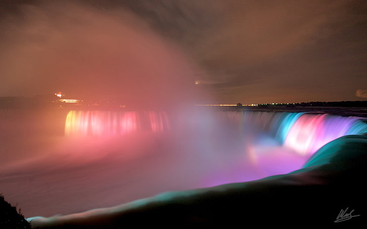 multicolored waterfall, Water, Lights, Night, The city, Backlight, Niagara falls, HD wallpaper