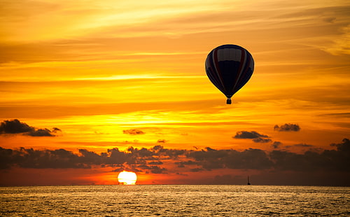 Балон с горещ въздух, оранжев залез, природа, слънце и небе, изглед, оранжево, пътуване, балон, летене, залез, пътуване, пътуване, дом, въздух, на открито, облаци, морски пейзаж, приключение, откритие, изследване, екскурзия, места, посещение , балон с горещ въздух, HD тапет HD wallpaper