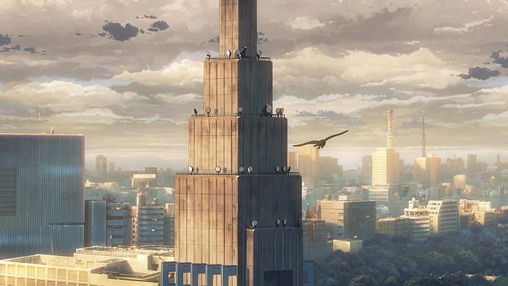 птицы сидели на иллюстрации высотного бетонного здания, аниме, сад слов, городской пейзаж, окрашенные здания, здания, HD обои