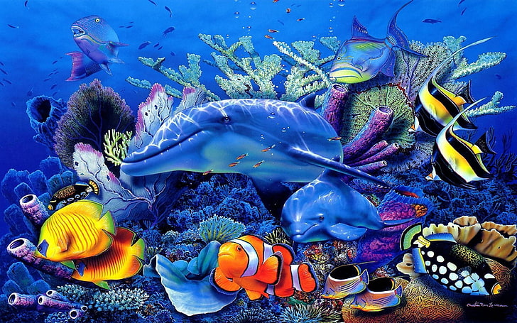 Ocean Underwater World Dolphin Coral ปลาเขตร้อนที่แปลกใหม่วอลเปเปอร์สำหรับโทรศัพท์มือถือและแล็ปท็อป, วอลล์เปเปอร์ HD